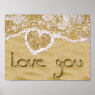 "Love you" Heart written in Sand Poster