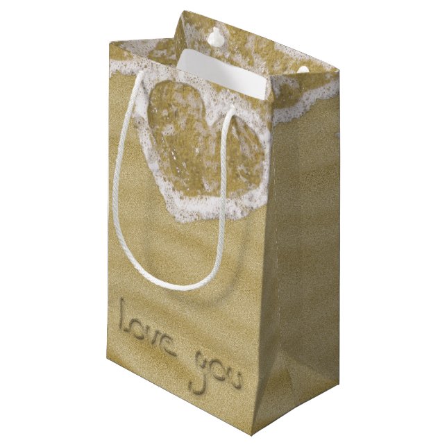 "Love you" Heart written in Sand Small Gift Bag (Front Angled)