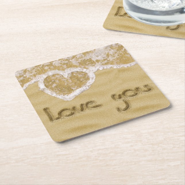 "Love you" Heart written in Sand Square Paper Coaster (Angled)
