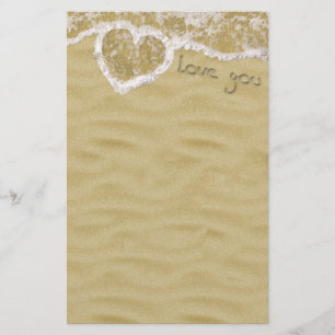 "Love you" Heart written in Sand Stationery