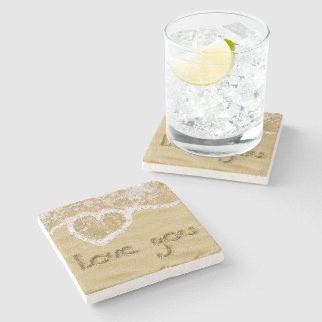 "Love you" Heart written in Sand Stone Coaster (Side)
