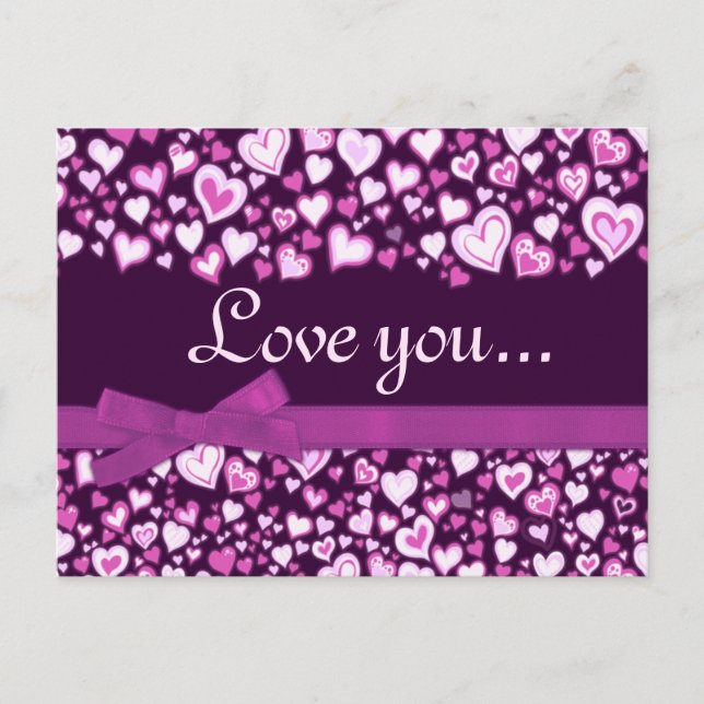 Love you hearts & bows pink purple postcard (Front)