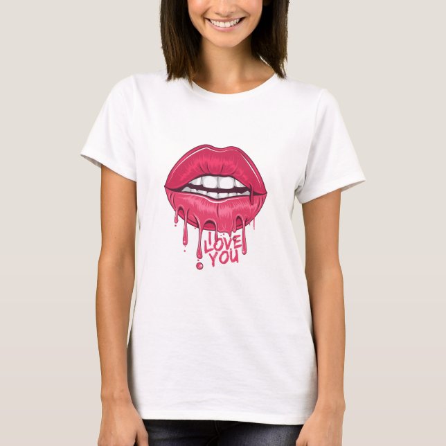 Love You Hot Pink Dripping Lips Womens  T-Shirt (Front)