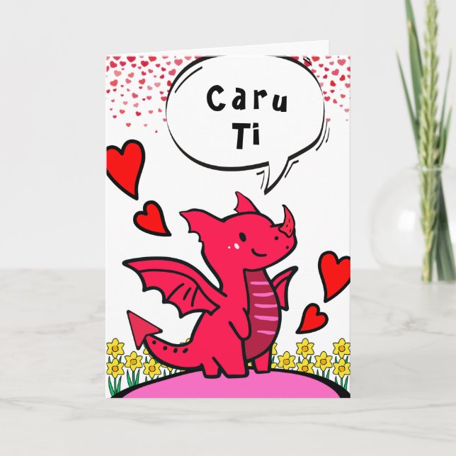 Love You in Welsh Cute Red Dragon Hearts Card (Front)