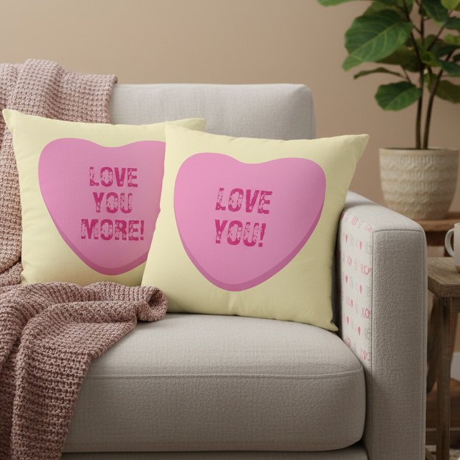 Love You Love You More Pink Candy Hearts on Yellow Cushion (Love You! Love You More! Double-sided Candy heart Throw pillow in Pink on Yellow. Gift for Valentine)