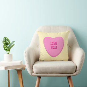 Love You Love You More Pink Candy Hearts on Yellow Cushion