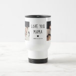 Love You Mama | Two Photo Handwritten Text Travel Mug<br><div class="desc">This simple and stylish black and white travel mug says "Love you Mama" in trendy,  handwritten black text with a matching heart and a spot for your name. There is also room to show off two of your favorite personal photos for a gift your mother will love.</div>