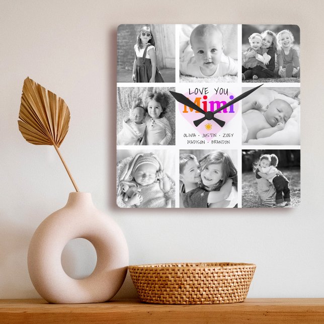 Love You Mimi 8 Photo Collage Bold Modern Graphic Square Wall Clock (Creator Uploaded)