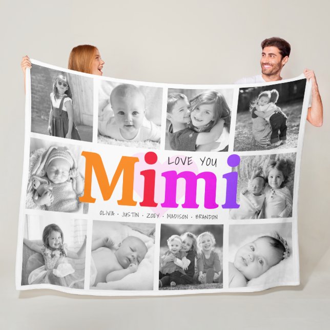 Love You Mimi Bold Rainbow 10 Photo Collage Modern Fleece Blanket (In Situ)