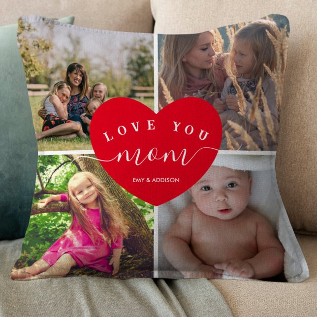 Love You MOM Gifts Photo Collage Cute Heart Script Cushion (Creator Uploaded)