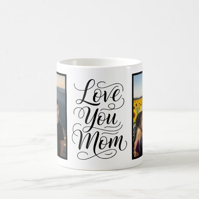 Love You Mom Two Photo Modern White Coffee Mug (Center)