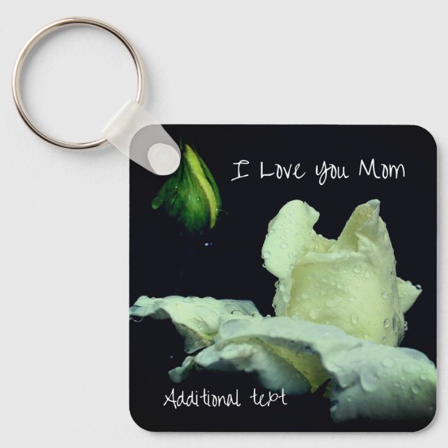 Love You Mom White Rosebud Personalized Key Ring (Front)