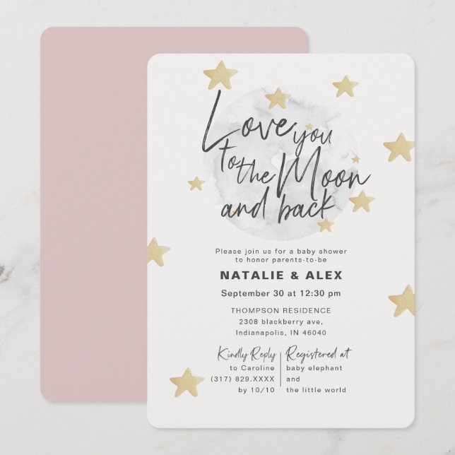 Love You Moon & Back Girl Baby Shower Invitation (Front/Back)