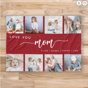 Love You Mum 8 Photo Collage Cranberry Red Fleece Blanket