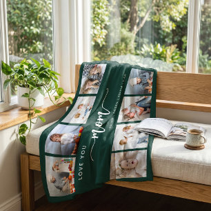 Love You Mum 8 Photo Collage Emerald Green Fleece Blanket