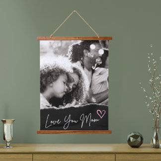 Love You Mum Black White Pink Heart Custom Photo Hanging Tapestry