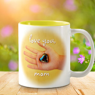 Love You Mum Child's Hand Holding Blue Heart Photo Two-Tone Coffee Mug