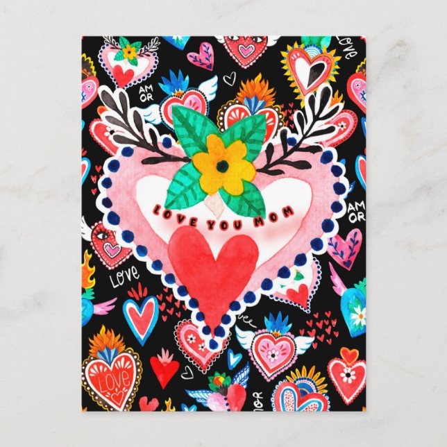 Love You Mum Colourful Mexican Hearts Mother's Day Postcard (Front)