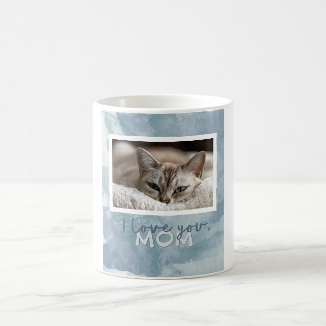 Love You Mum Custom Blue-Green Cat Photo Mug (Center)