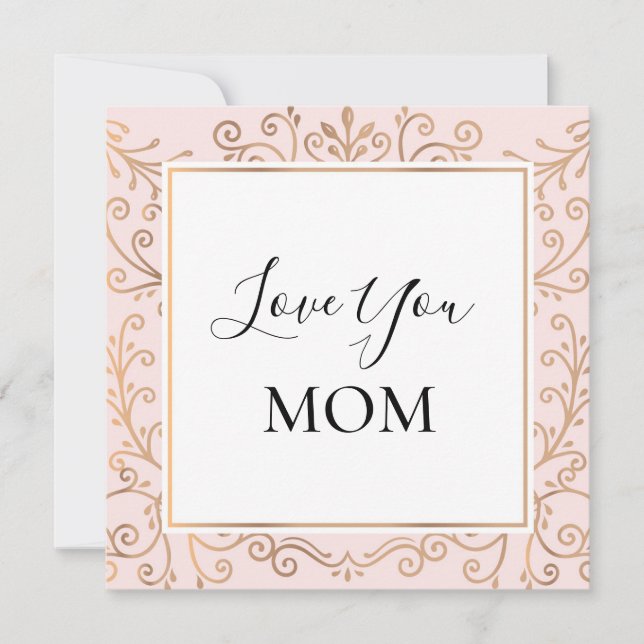 Love You Mum Elegant Gold Scrolls Pink Card (Front)