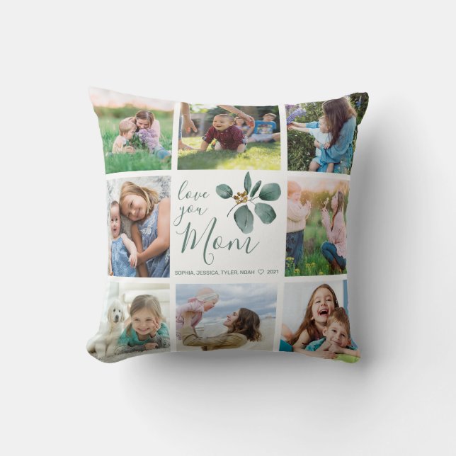 Love You Mum Family Photo Collage Eucalyptus Cushion (Front)