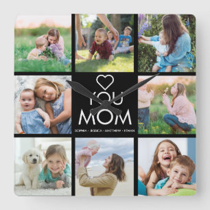 Love You Mum Family Photo Collage Heart Square Wal Square Wall Clock