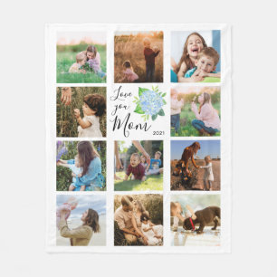 Love You Mum Family Photo Collage Hydrangea Floral Fleece Blanket