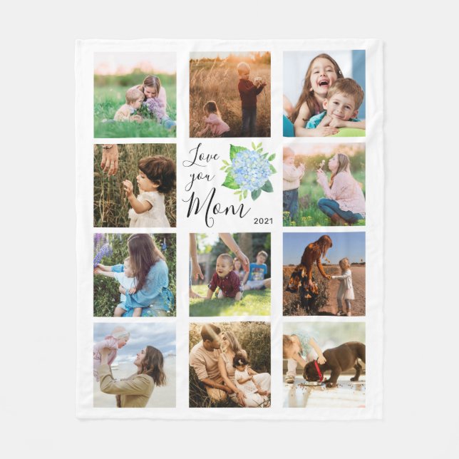 Love You Mum Family Photo Collage Hydrangea Floral Fleece Blanket (Front)