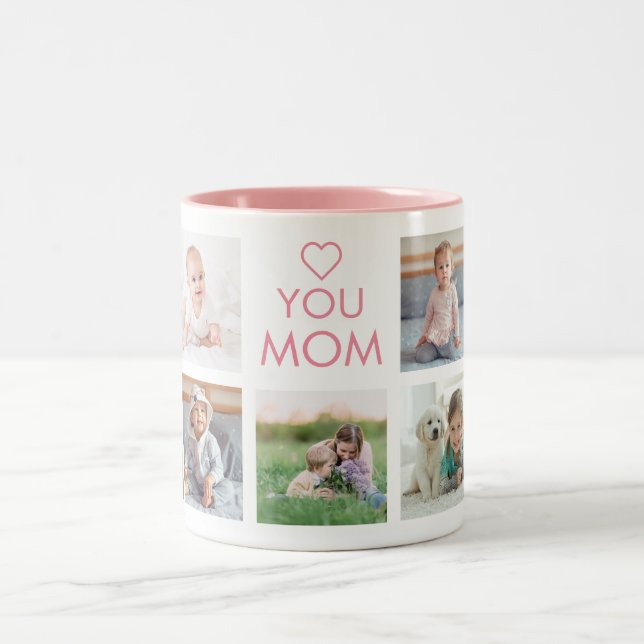 Love You Mum Family Photo Collage Pink Two-Tone Coffee Mug (Center)