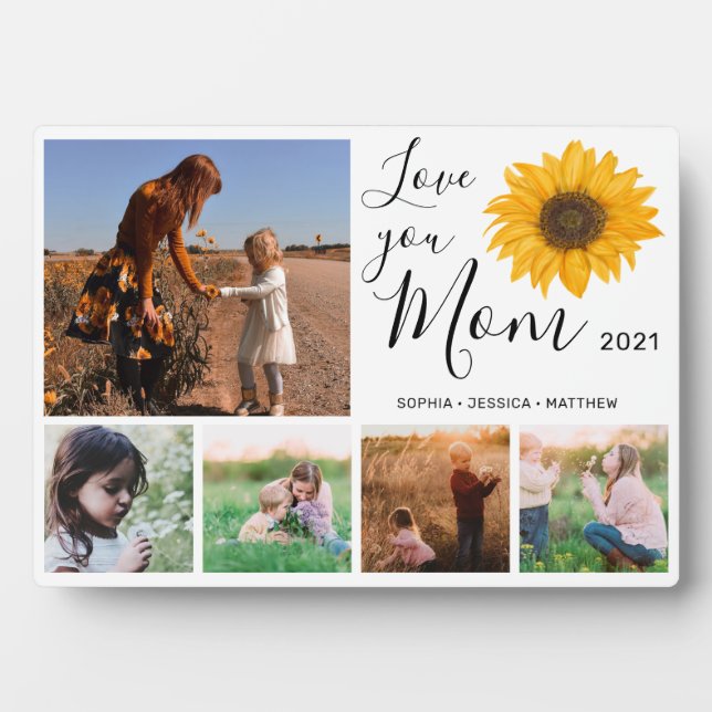 Love You Mum Family Photo Collage Sunflower Plaque (Front)
