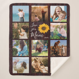 Love You Mum Family Photo Collage Sunflower Rustic Sherpa Blanket