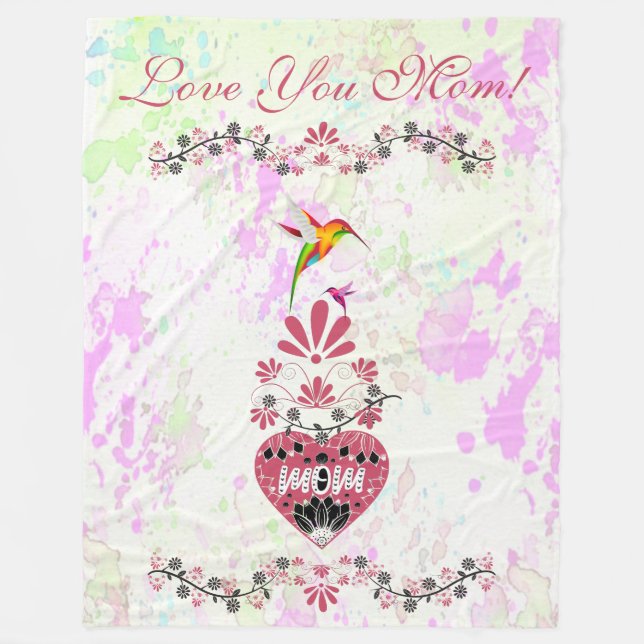  Love You Mum Heart Hummingbird Mothers Day Floral Fleece Blanket (Front)