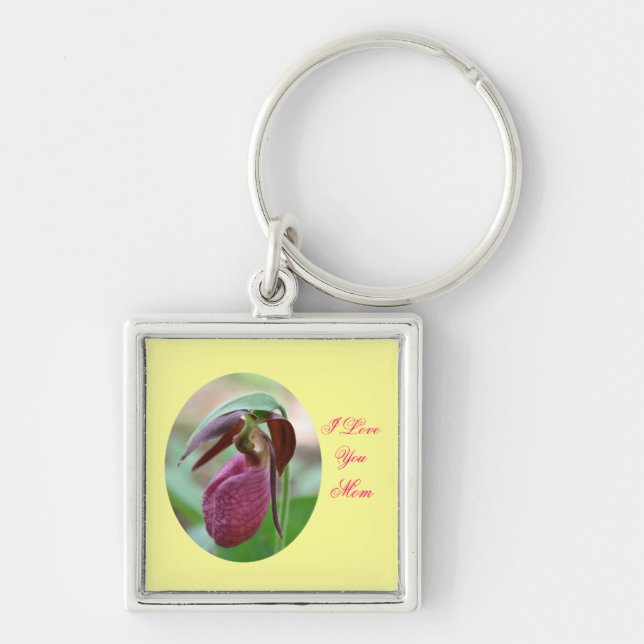 Love You Mum Lady Slipper Flower Keychain (Front)