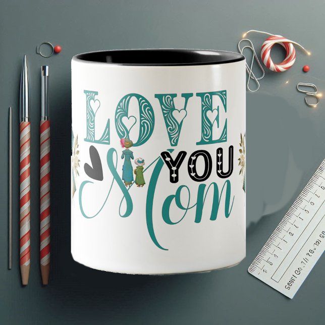Love You Mum Modern Typography Mothers Day Hearts Two-Tone Coffee Mug (Love You Mom Modern Typography Mothers Day Hearts Two-Tone Coffee Mug)