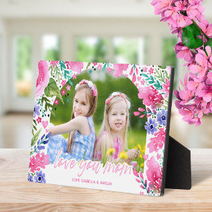Love you mum Mothers Day Watercolor Floral Photo Plaque