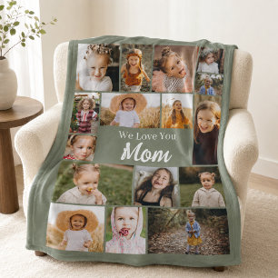 Love You Mum Photo Sage Green Collage Fleece Blanket