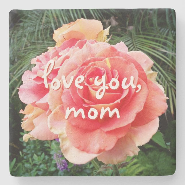 Love You Mum Pink Rose Flower Photo Script Stylish Stone Coaster (Front)