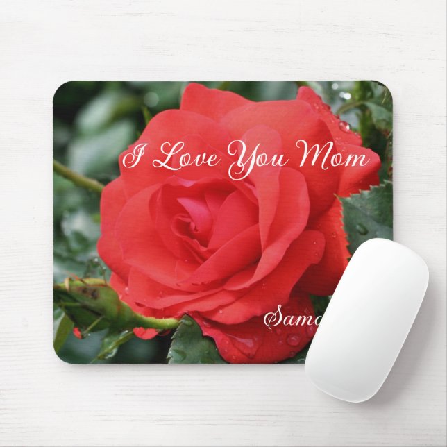 Love You Mum Red Rose Flower Personalised Mouse Mat (With Mouse)
