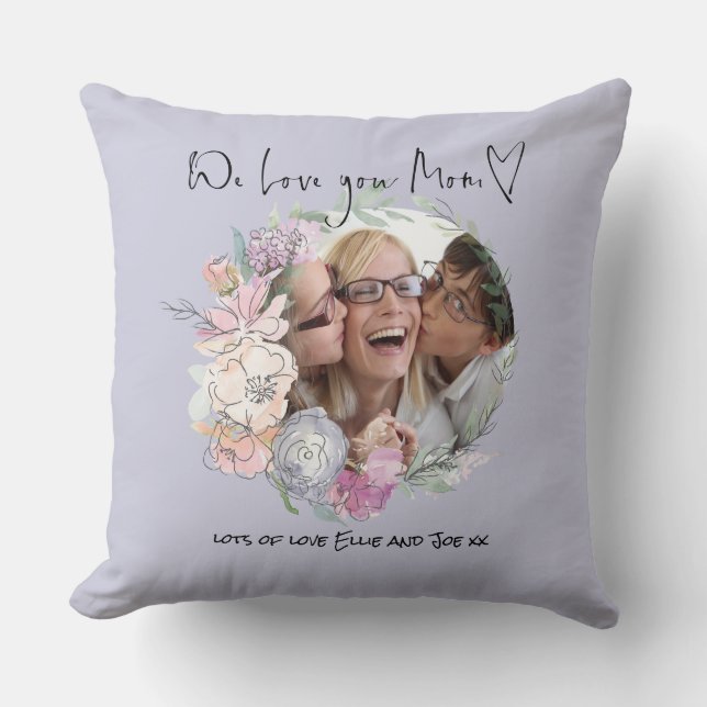 Love you Mum Script Heart Photo Florals Name Lilac Cushion (Front)