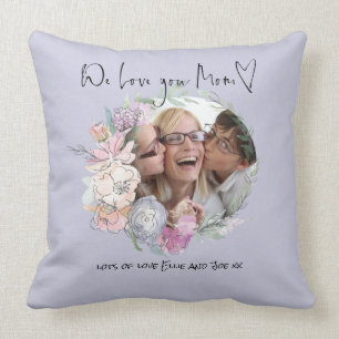 Love you Mum Script Heart Photo Florals Name Lilac Cushion