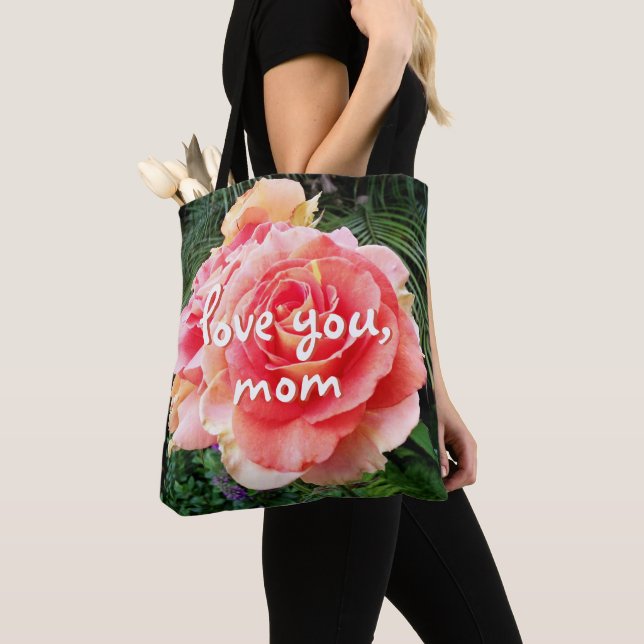Love You Mum Script Pink Rose Flower Photo Modern Tote Bag (Close Up)
