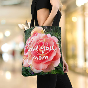Love You Mum Script Pink Rose Flower Photo Modern Tote Bag