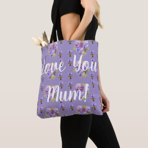 Love You Mum Shabby Purple Pansy Grocery Tote Bag