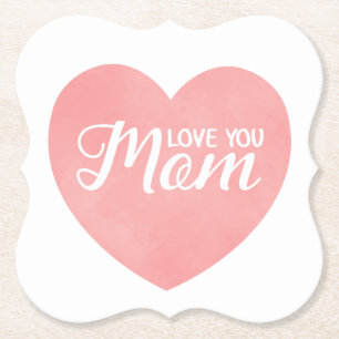 Love you mum text, mother's day pink heart paper coaster