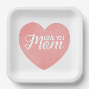 Love you mum text, mother's day pink heart paper plate
