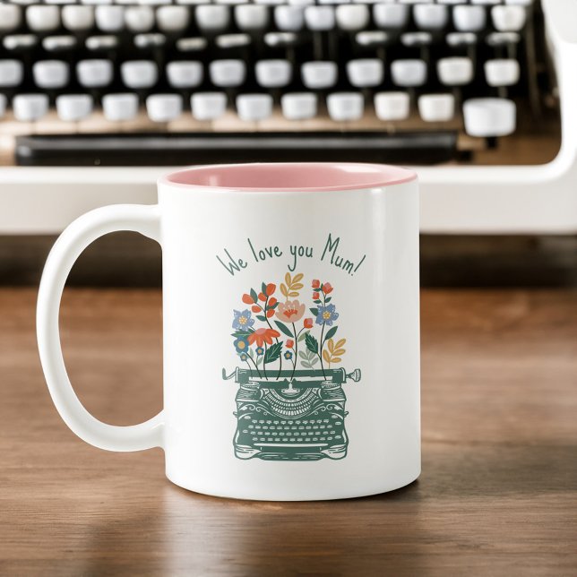 Love You Mum Vintage Typewriter Blooming Florals Two-Tone Coffee Mug (Love You Mum Vintage Typewriter Blooming Florals Two-Tone Coffee Mug)