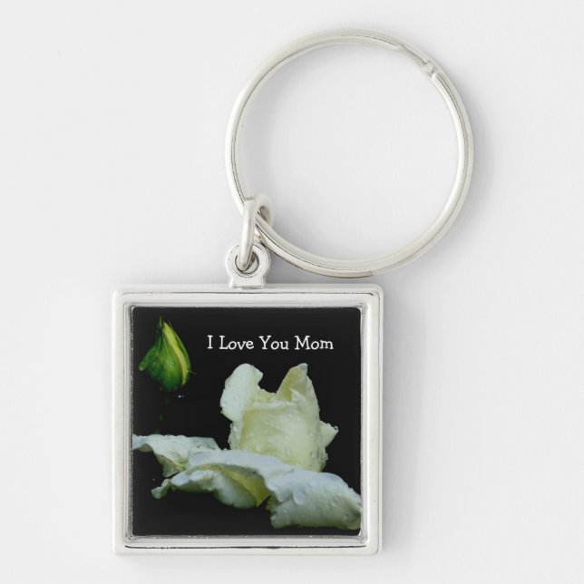 Love You Mum White Rosebud Flower Keychain (Front)
