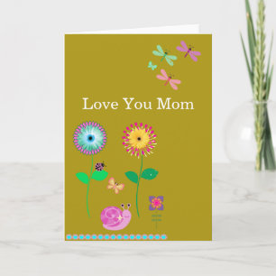 Love You Mum Yellow Floral Dragonflies Card