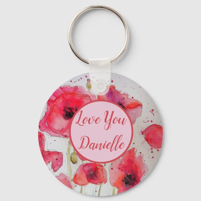 Love You Name Red Poppies Watercolour Key Ring (Front)