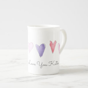 Love You NAME Watercolor Sweet Hearts Valentine Bone China Mug